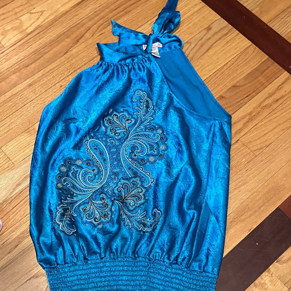 Blue Sleeveless Top with Embroidered Design